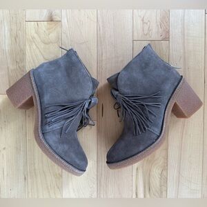 UGG Corin gray suede fridge tassel ankle booties, size 6.5